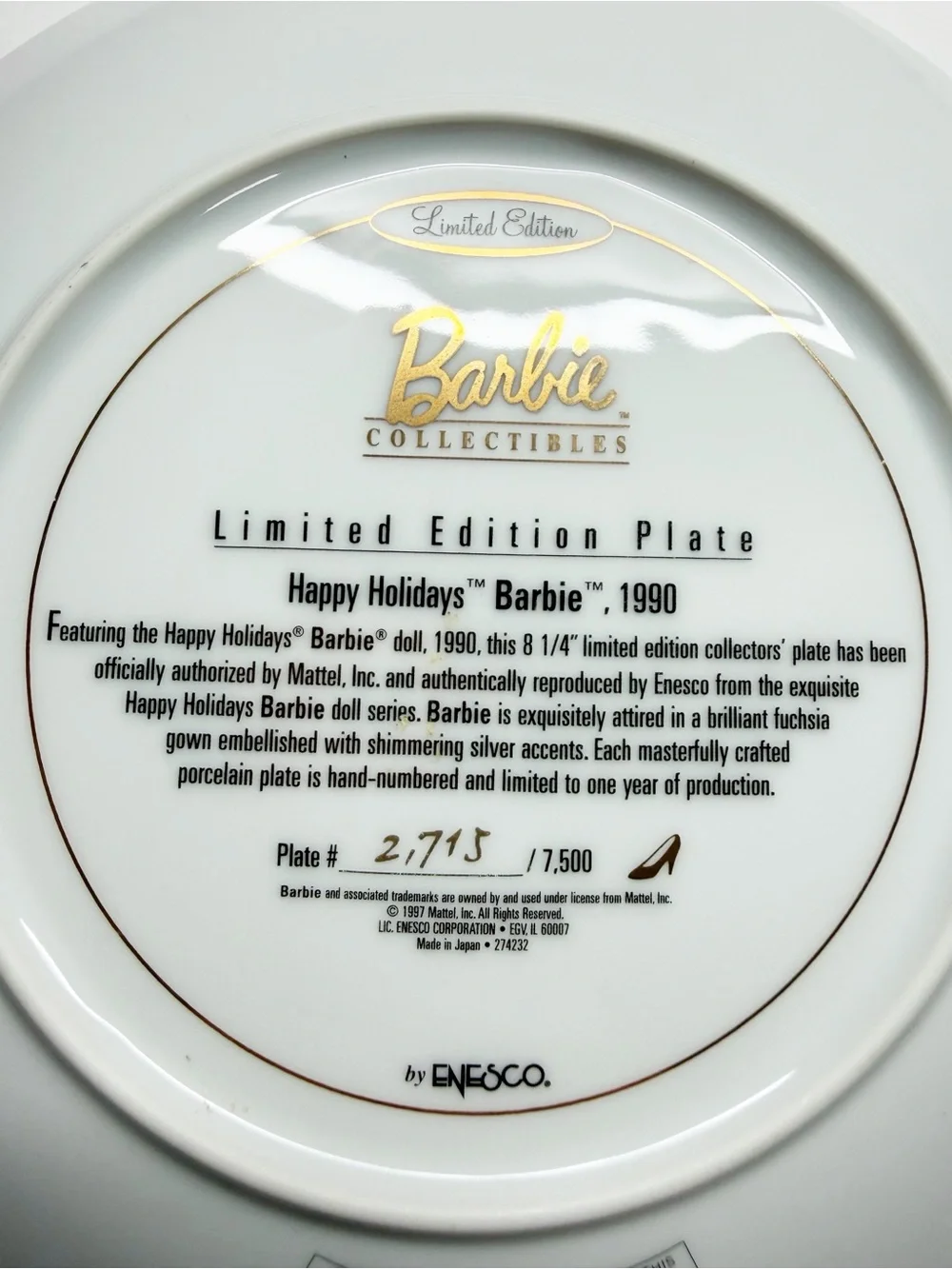 Vintage 1990 Holiday Barbie Collector Plate